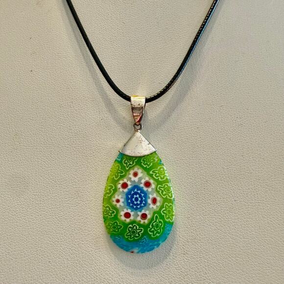 None and/or Unknown Jewelry - Murano Style Millefiori Green Blue Oval Glass Pendant